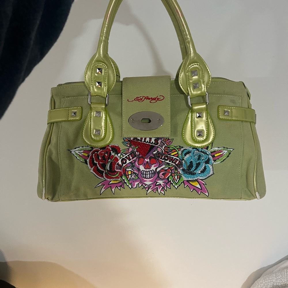 Ed Hardy Olive Green Skull & Rose Embroidered Purse